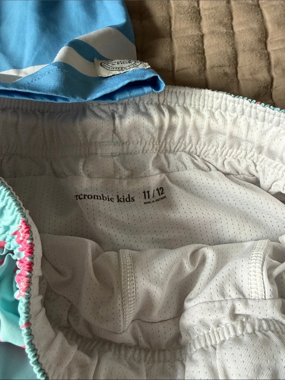 Abercrombie & Fitch Boys Blue Striped and Aqua Pink Palm Swim Trunks